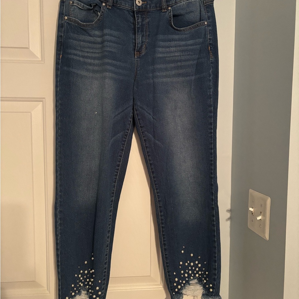 INC International Concepts Blue Cropped Jeans with Pearl Details